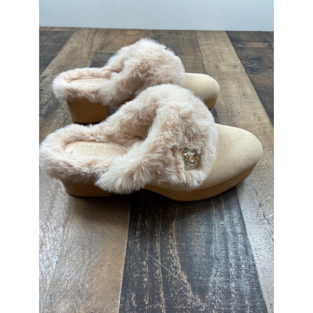 Kate Spade Faux Fur Suede Platform Mules Womens Beige Crystal Embellished Shoes - Picture 8 of 9